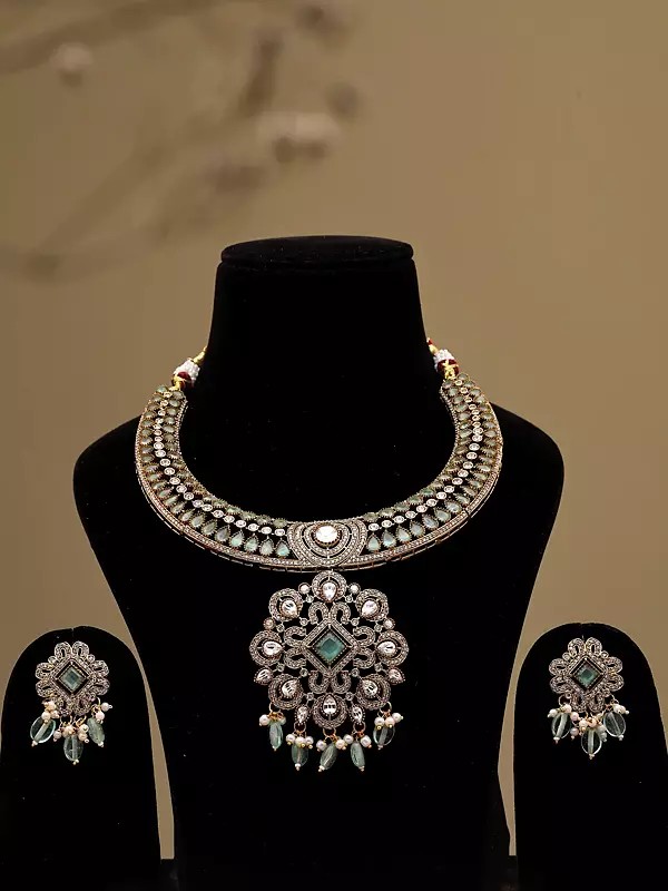 Stone Studded Necklace and Earrings Set with Dangling Beads