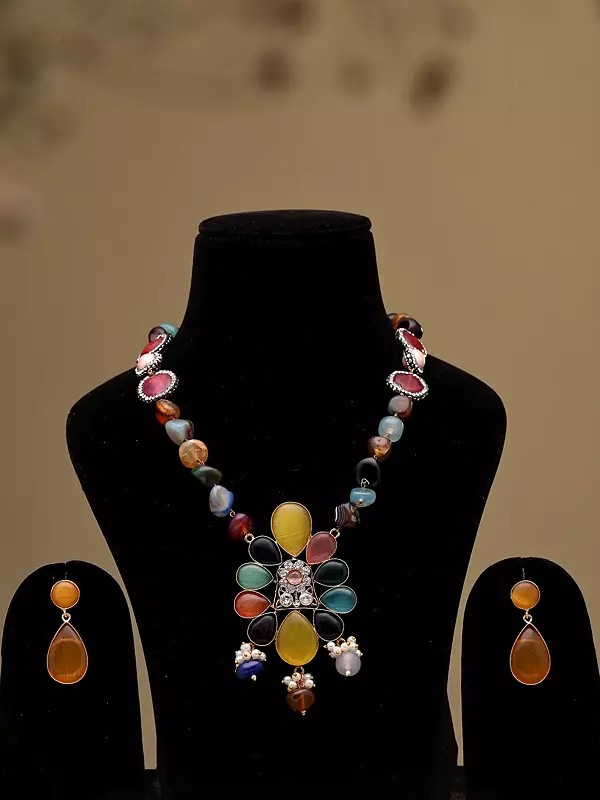 Multicolor Stone Beaded Necklace Set with Earrings