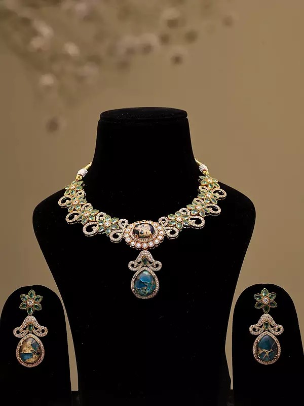 Floral Green and Blue Stone Studded Necklace Set with Earrings