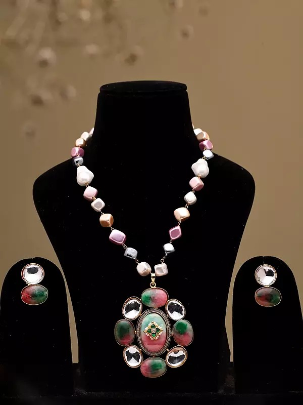 Pastel Mosaic Stone Necklace Set with Earrings