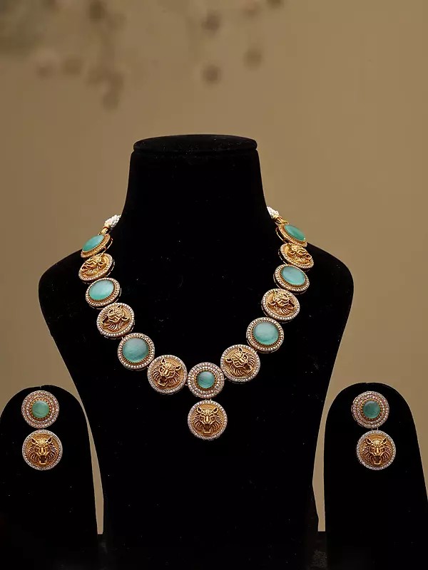 V-Shaped Statement Necklace and Earrings Set with Lion Motifs