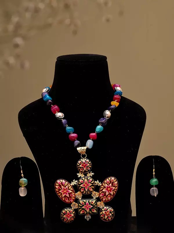 Multicolor Stone Beaded Necklace Set with Floral Enamel Pendant and Earrings