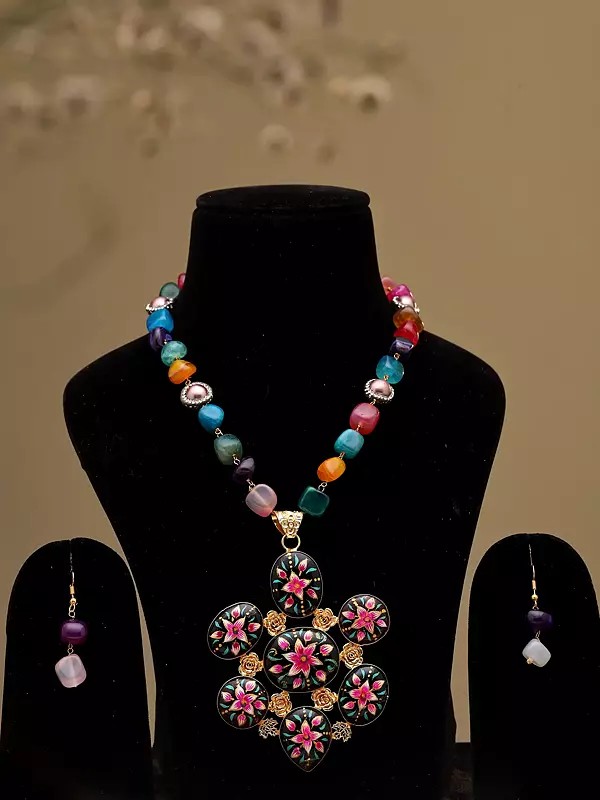 Multicolor Stone Beaded Necklace Set with Floral Enamel Pendant and Earrings