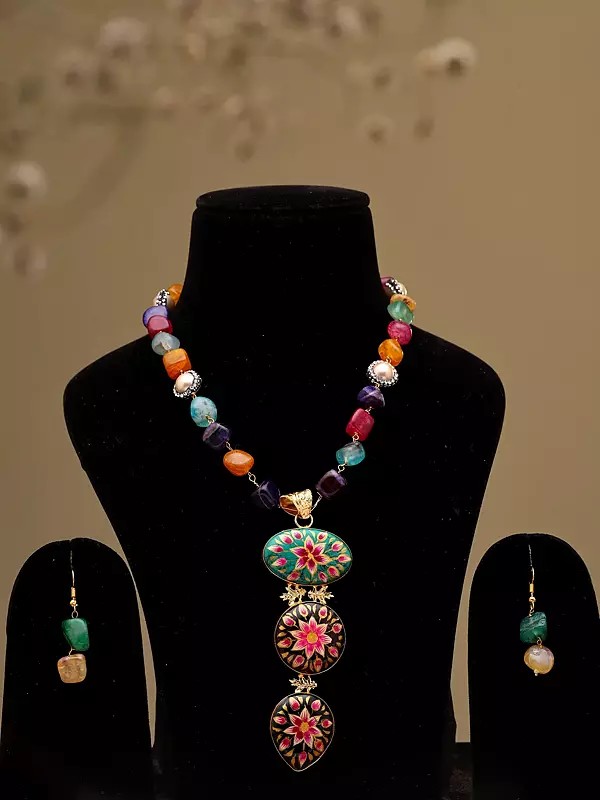 Floral Enamelled Pendant Necklace and Earring Set with Multicolour Stone Beads
