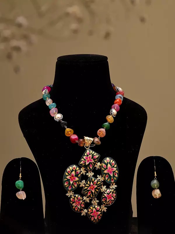 Multicolor Stone Beaded Necklace Set with Floral Enamel Pendant and Earrings
