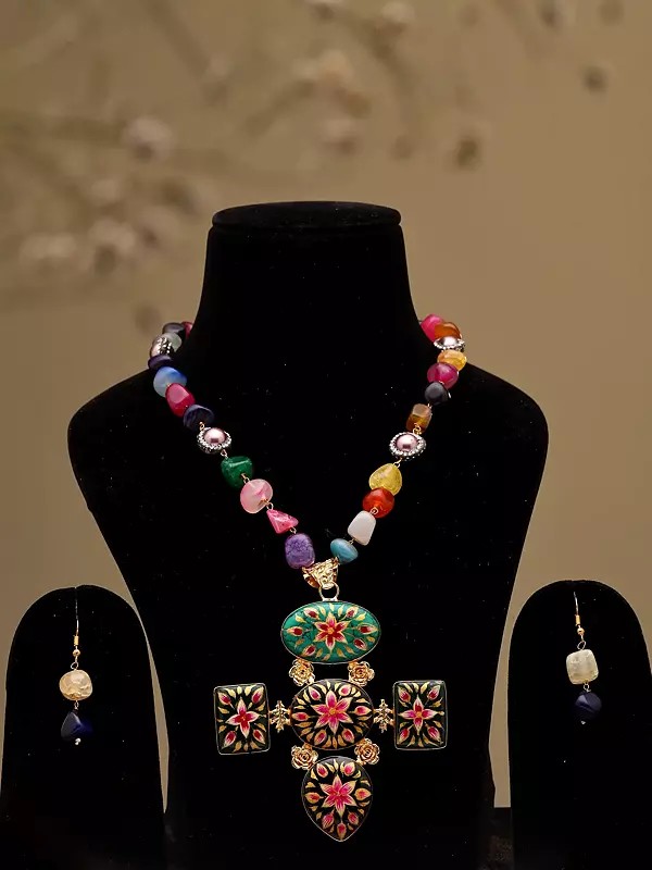 Multicolor Stone Beaded Necklace Set with Floral Enamel Pendant and Earrings