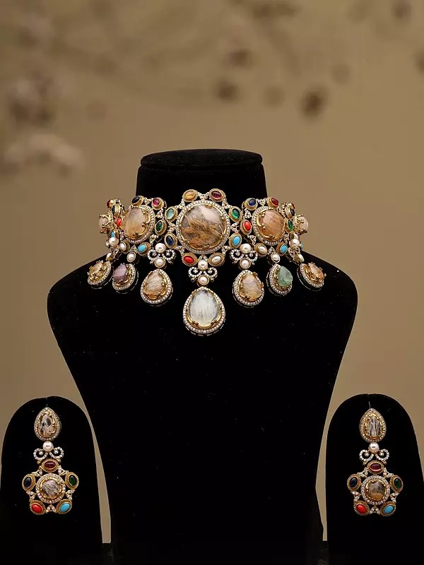 Heritage-Inspired Stone Studded Choker Set with Earrings