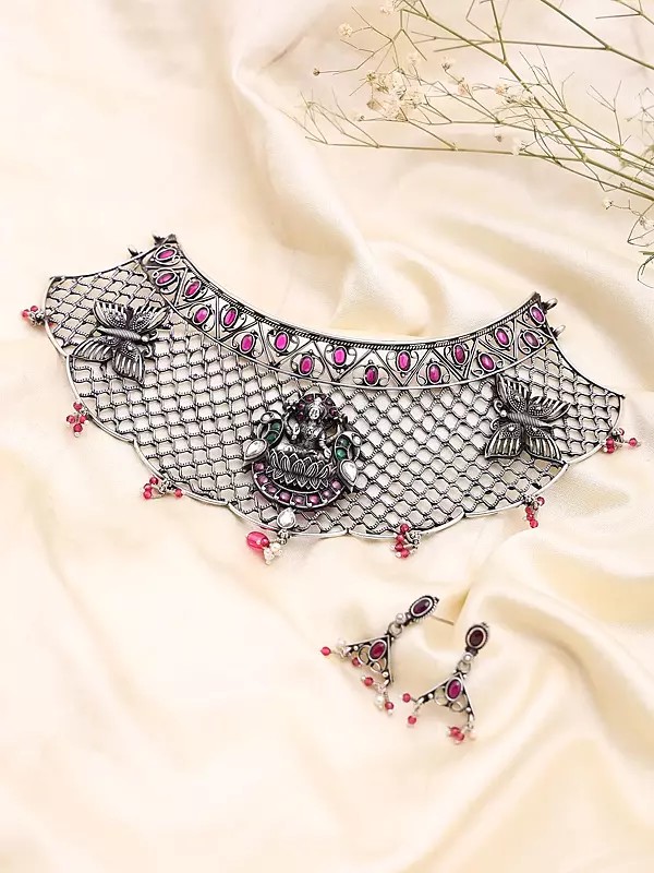 Goddess Lakshmi Jaali Work Oxidised Silver Collar Necklace and Earring Set