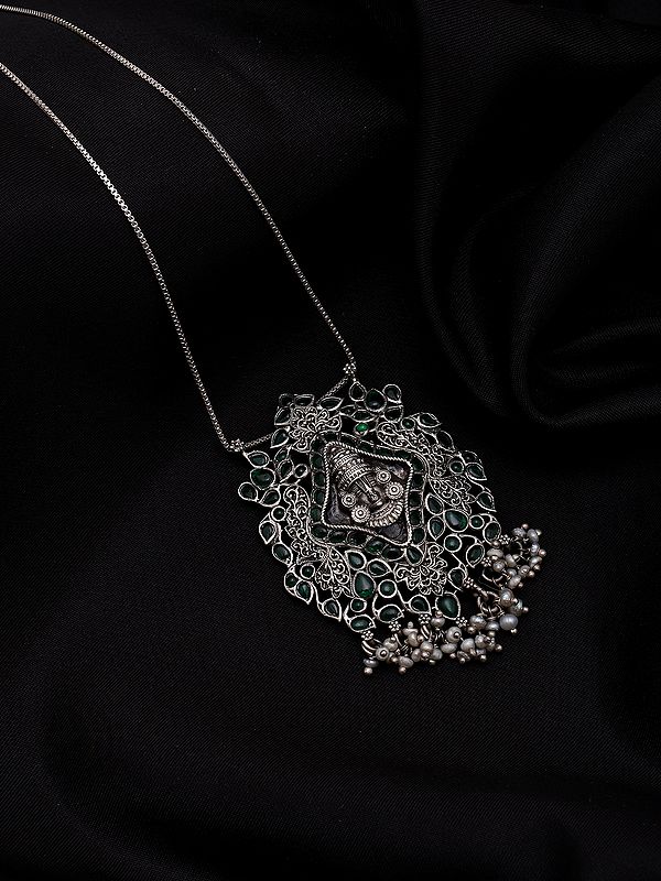 Lord Balaji Face Oxidised Silver Pendant with Pearl Drops