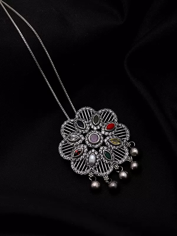 Floral Mandala Oxidised Silver Pendant with Navratna