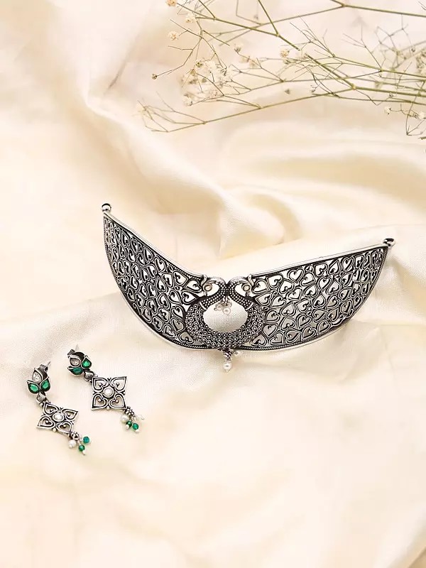 Heart Jaali Oxidised Silver Statement Choker Set with Earrings