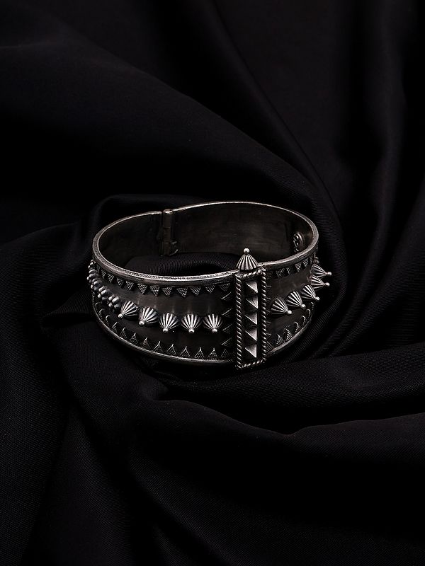 Geometric Tribal Oxidised Silver Openable Bracelet