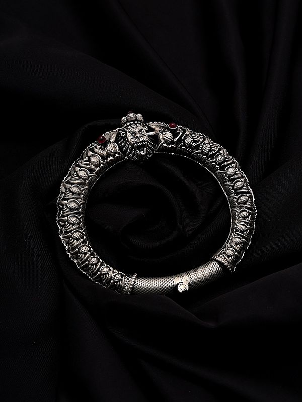 Lord Narasimha Head Oxidised Sterling Silver Openable Bangle
