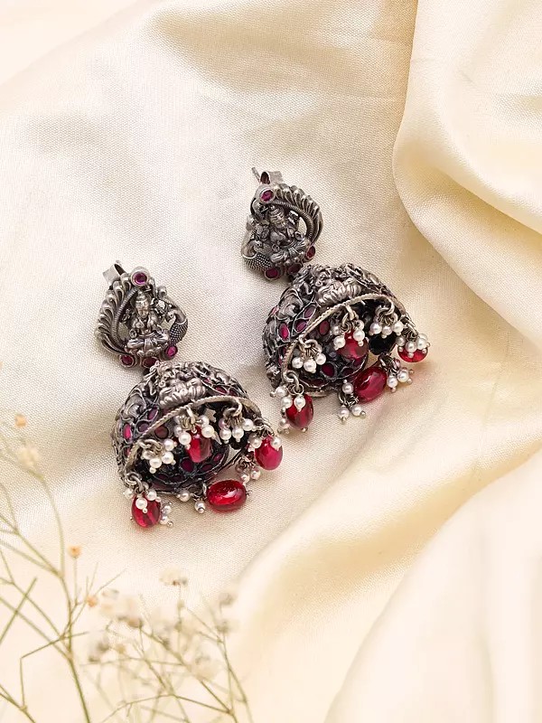 Goddess Lakshmi Oxidised Silver Jhumka Earrings with Tourmaline Beads
