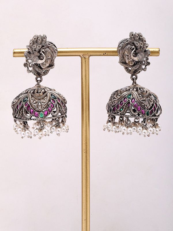 Lord Krishna & Peacock Jhumka Earrings with Small Dangling Pearls