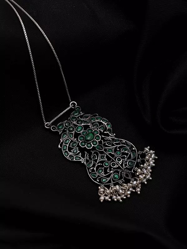 Peacock-Inspired Oxidised Silver Pendant with Small Pearl Drops