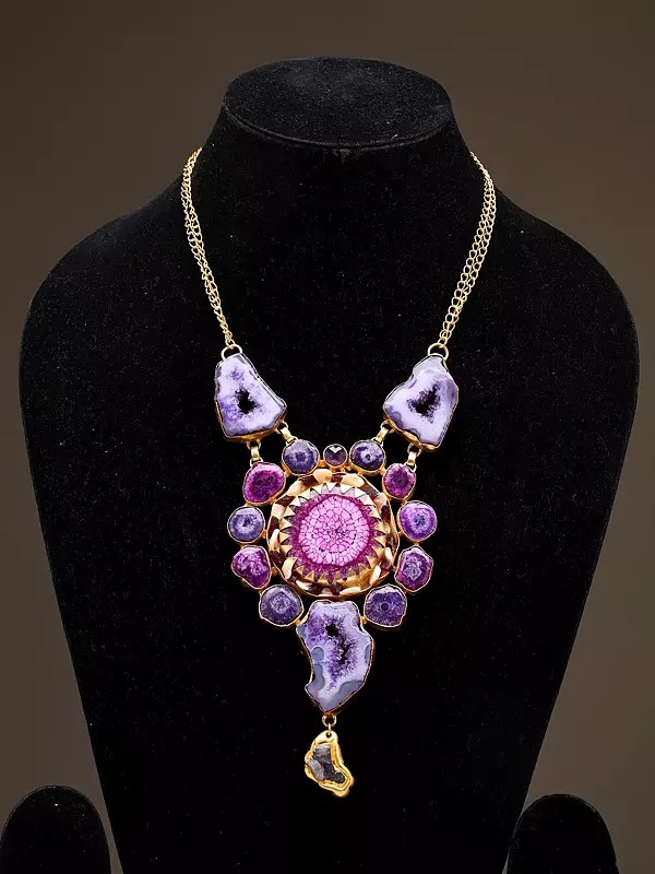 Mandala-Style Druzy Stone Large Pendant Necklace