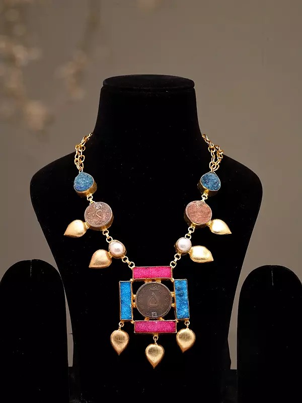 Oman 50 Baisa Coin Necklace with Leaf-Shaped Gold-Tone Drops