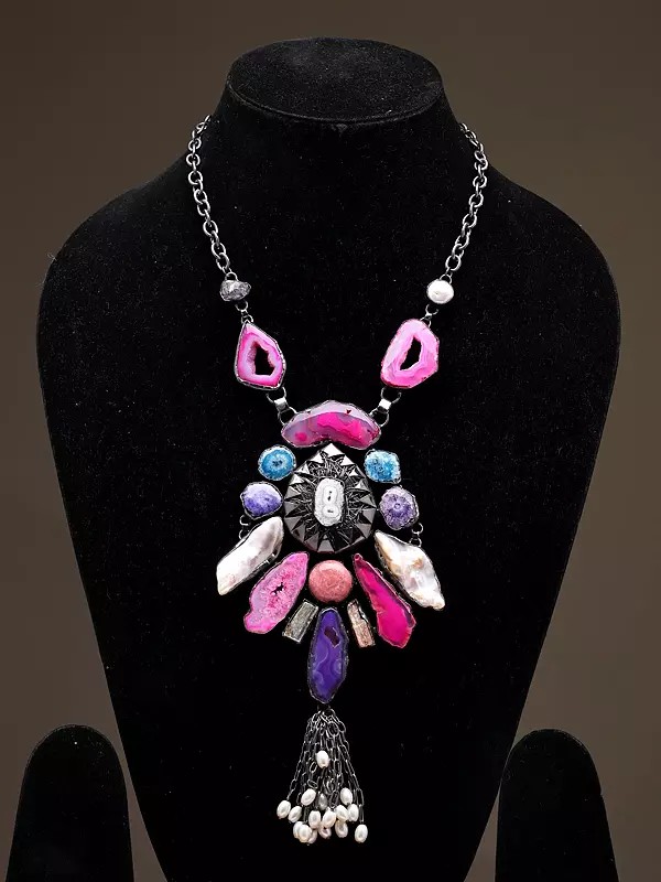 Raw-Cut Style Multistone Pendant Necklace with Pearl Tassel