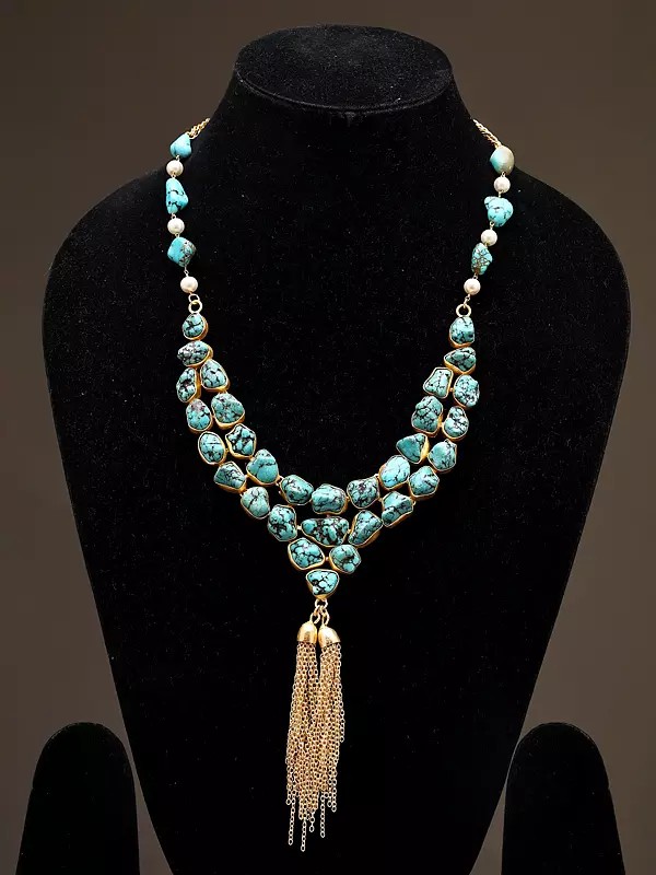 Turquoise-Look Multistone Necklace with Tassel Drop
