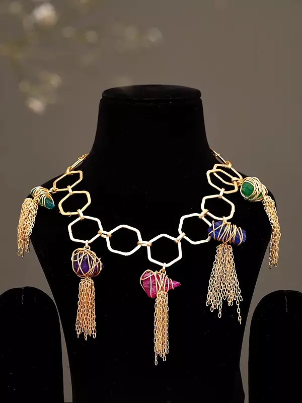 Hexagonal Link Necklace with Multicolour Stone and Chain Tassels