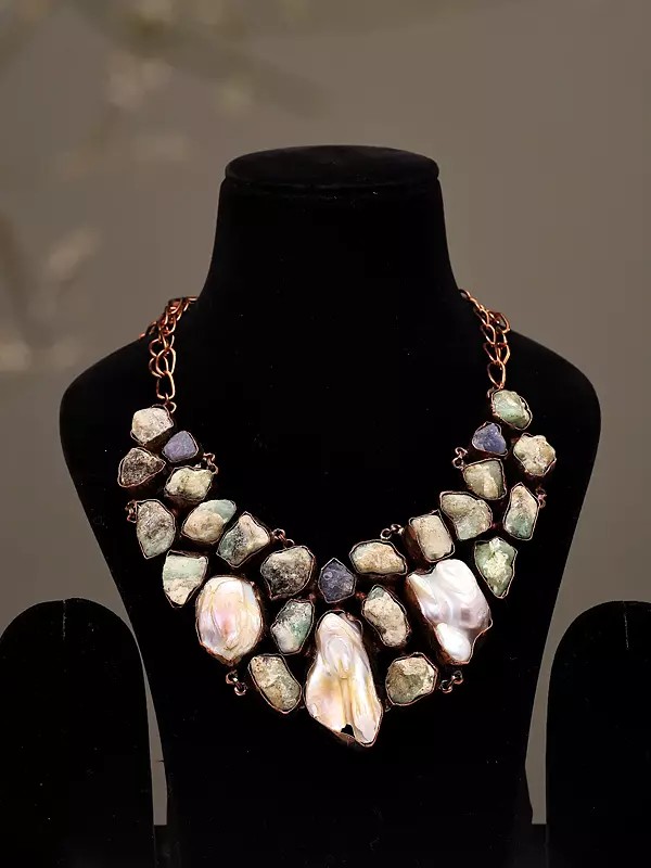 Raw-Cut Style Stone Necklace with Baroque Pearl Drops