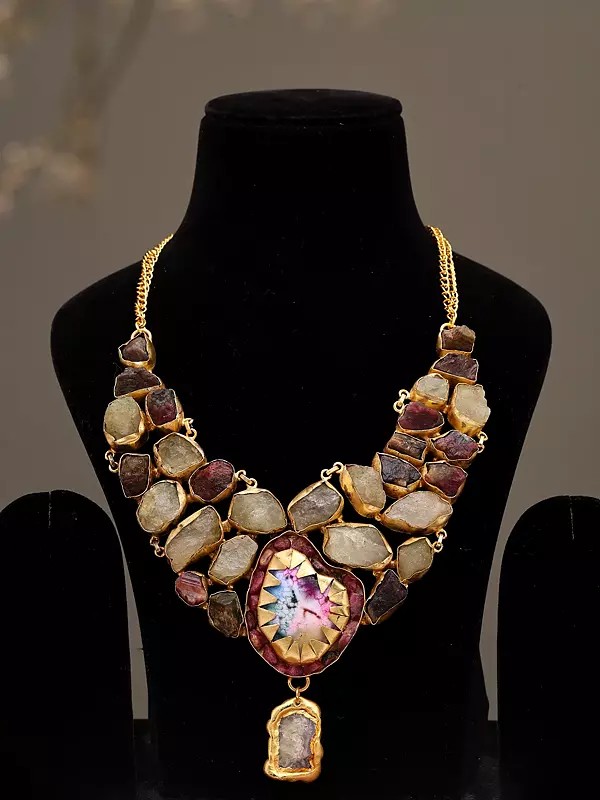 Sunburst Medallion Style Necklace with Raw-Cut Stones
