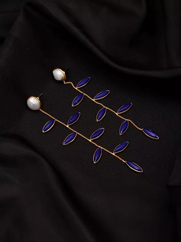 Leaf Vine Design Long Earrings with Marquise-Shaped Stones