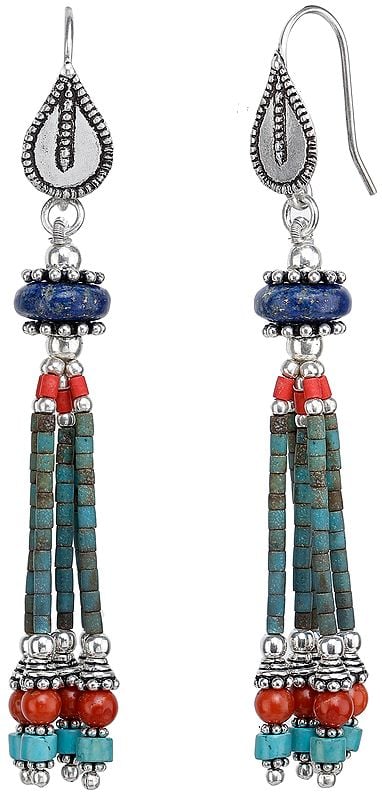 Lapis Lazuli, Turquoise & Coral Beaded Earrings