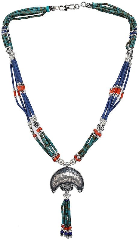 Turquoise, Coral and  Lapis Lazuli Beaded Necklace