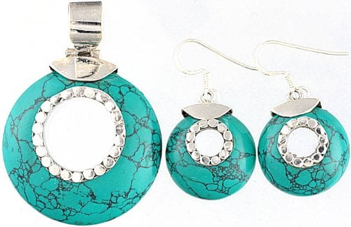 Spider's Web Faux Turquoise Pendant with Matching Earrings Set - Sterling Silver