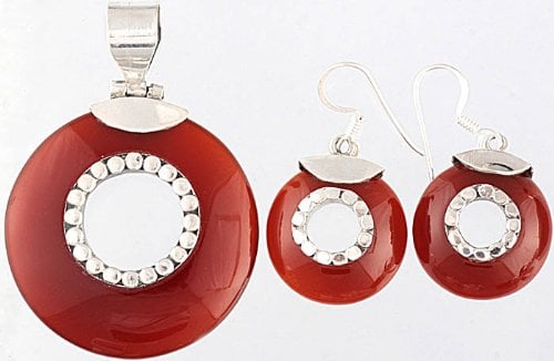 Carnelian Pendant with Matching Earrings Set - Sterling Silvere