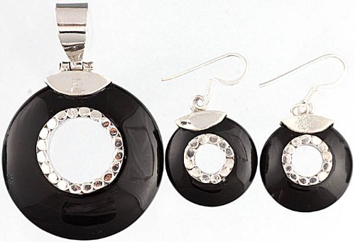Black Onyx Pendant with Matching Earrings Set - Sterling Silver