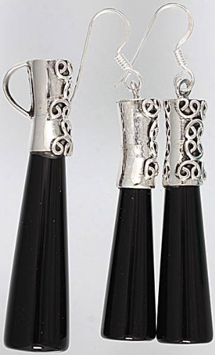 Sterling Silver Tapered Onyx Pendant & Dangler Earrings Set