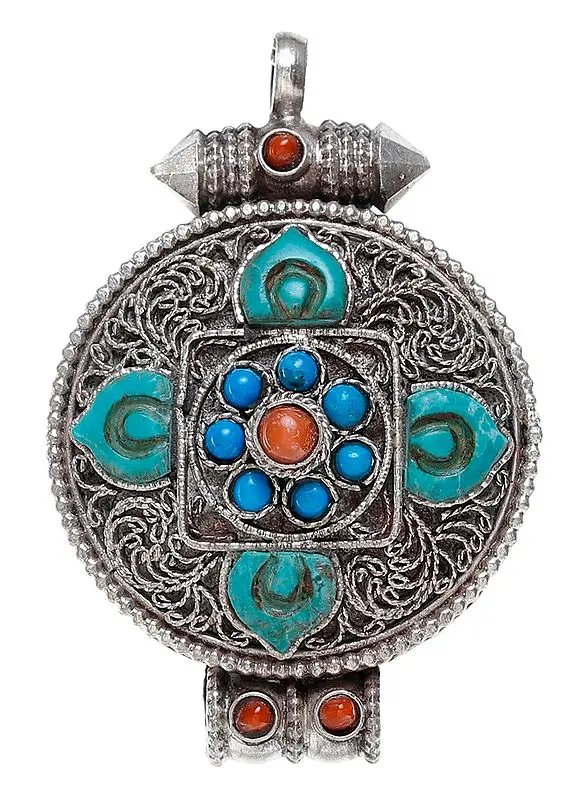 Gau Box Mandala Filigree Pendant with Coral and Turquoise - Made in Nepal