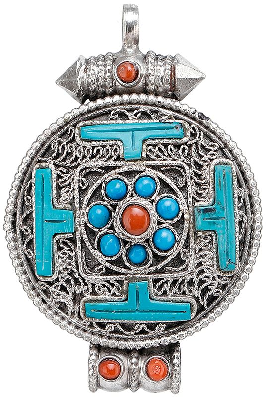 Gau Box Mandala Filigree Pendant with Coral and Turquoise