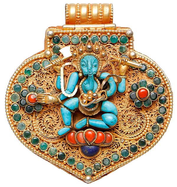 Lord Ganesha Gau Box Pendant with Green Tara Inside  (Coral, Lapis Lazuli, Emerald Work)