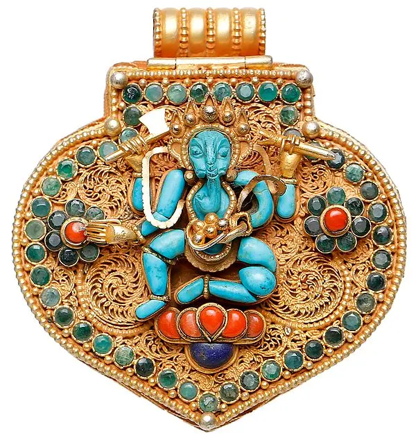 Lord Ganesha Gau Box Pendant with Green Tara Inside  (Coral, Lapis Lazuli, Emerald Work)