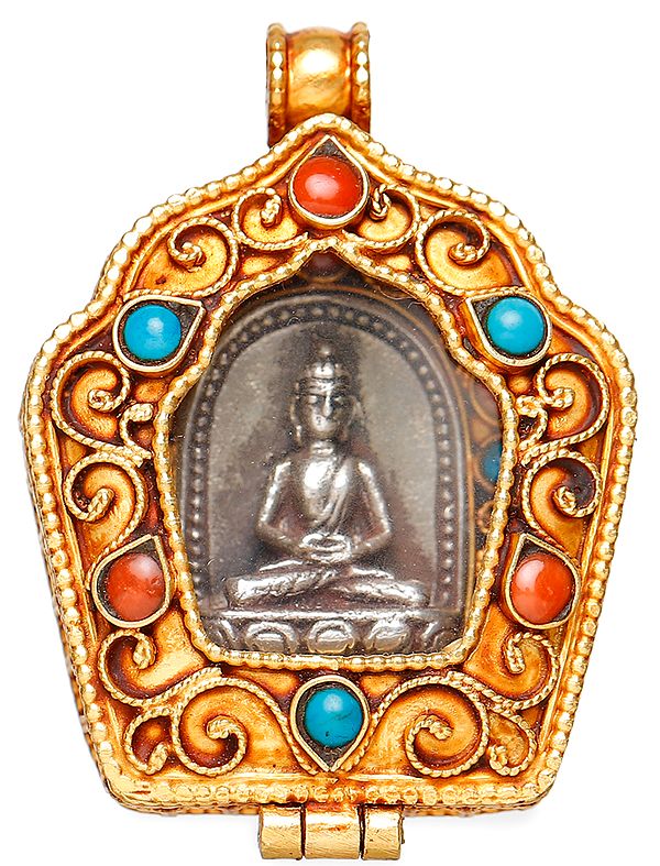 Lord Buddha Gau Box Pendant (Coral, and Turquoise)