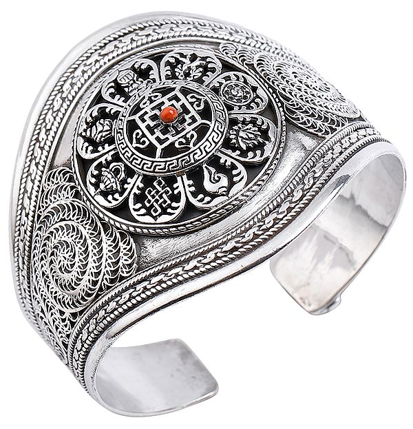 Mandala with Coral and Filigree Cuff  Bracelet (Adjustable Size)