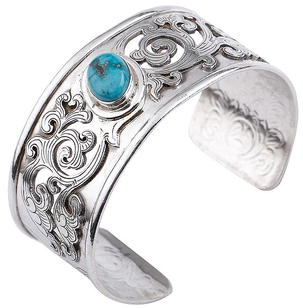 Beautifully Engraved Jali Design Cuff  Bracelet with Turquoise (Adjustable Size)