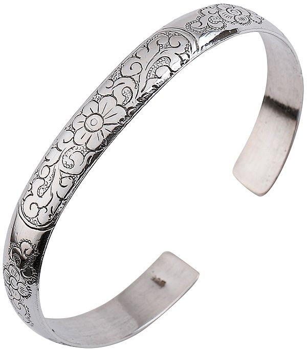 Beautifully Engraved Floral Design Cuff Bracelet from Nepal (Adjustable Size)
