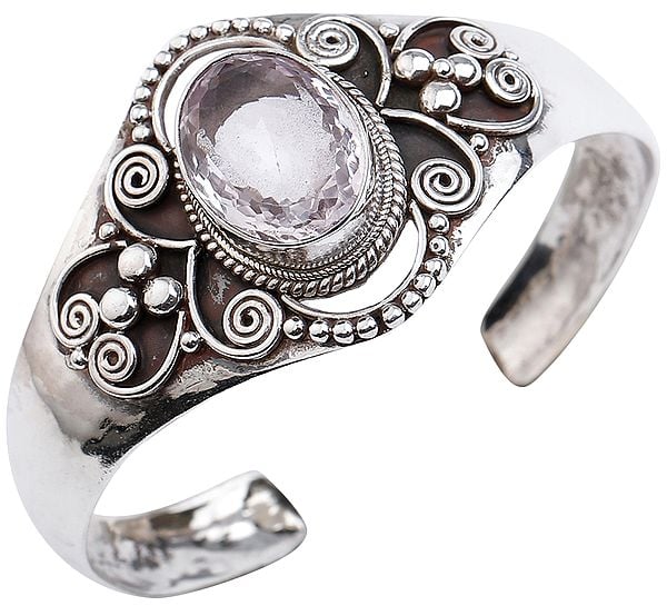 Beautifully Crafted Silver Bracelet Cuff Bracelet with Oval Cut Amethyst from Nepal (Adjustable Size)