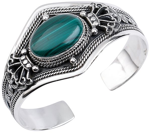 Big Oval Cut Melachite Cuff Bracelet with Double Dorje Design from Nepal (Adjustable Size)