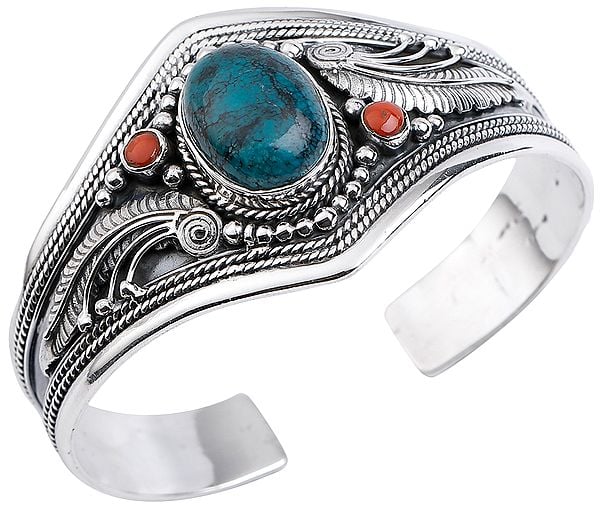 Beautifully Crafted Silver Bracelet Cuff Bracelet with Tibetan Turquoise and Coral from Nepal (Adjustable Size)