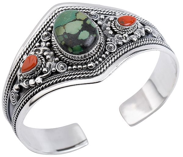 Silver Bracelet Cuff Bracelet with Tibetan Turquoise and Coral from Nepal (Adjustable Size)