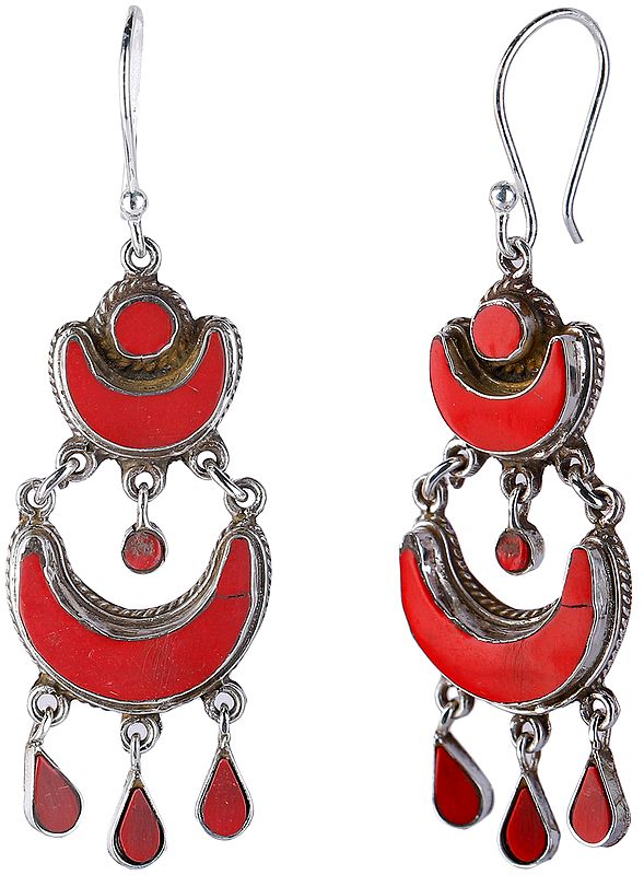 Silver Crescent Moon Design Earrings with Coral from Nepal