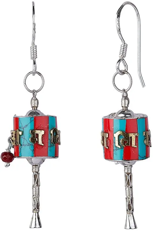 The Prayer Wheel (Cho-Kor or Khorten) Earrings with Coral and Turquoise from Nepal