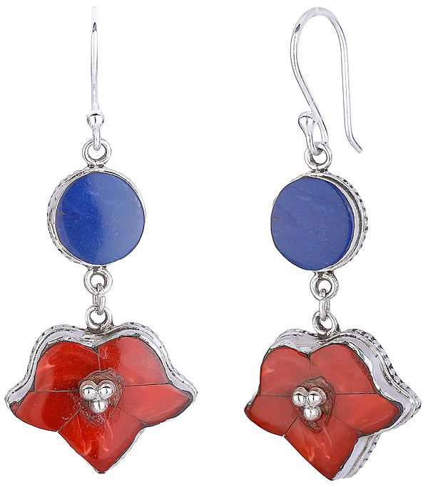Flower Shaped Dangling Earrings with Coral Flowers and Lapis Lazuli Accents