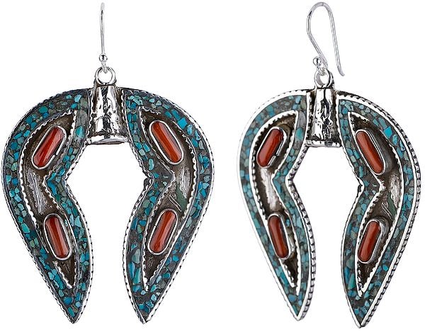 Horse-Shoe Shaped Earrings with Coral and Turquoise